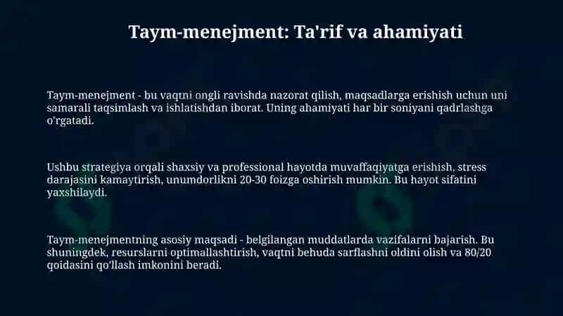 Taym – menejmentni tashkil etish va uning asosiy tamoyillari 3