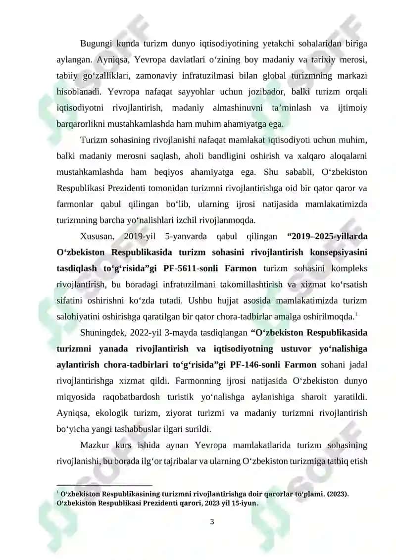 "YEVROPA TURIZMNING RIVOJLANISHI" mavzusida tayyorlangan KURS ISHI 3