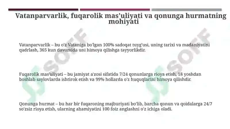Vatanparvarlik, Fuqarolik Mas'uliyati va Qonunga Hurmatni Shakllantirish Asoslari 3