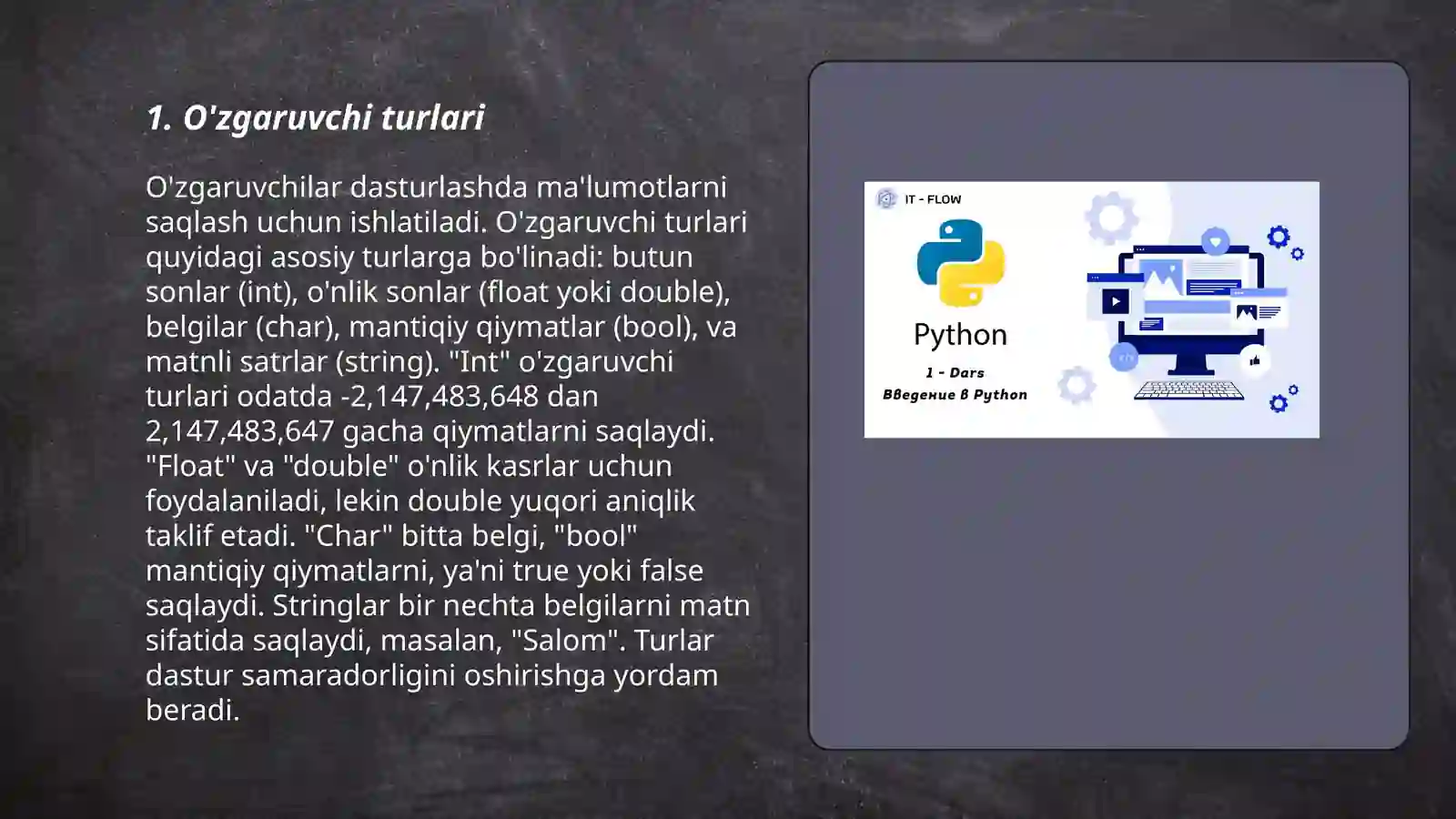 Python dasturlash tilida õzgaruvchilar va operatorlar 3