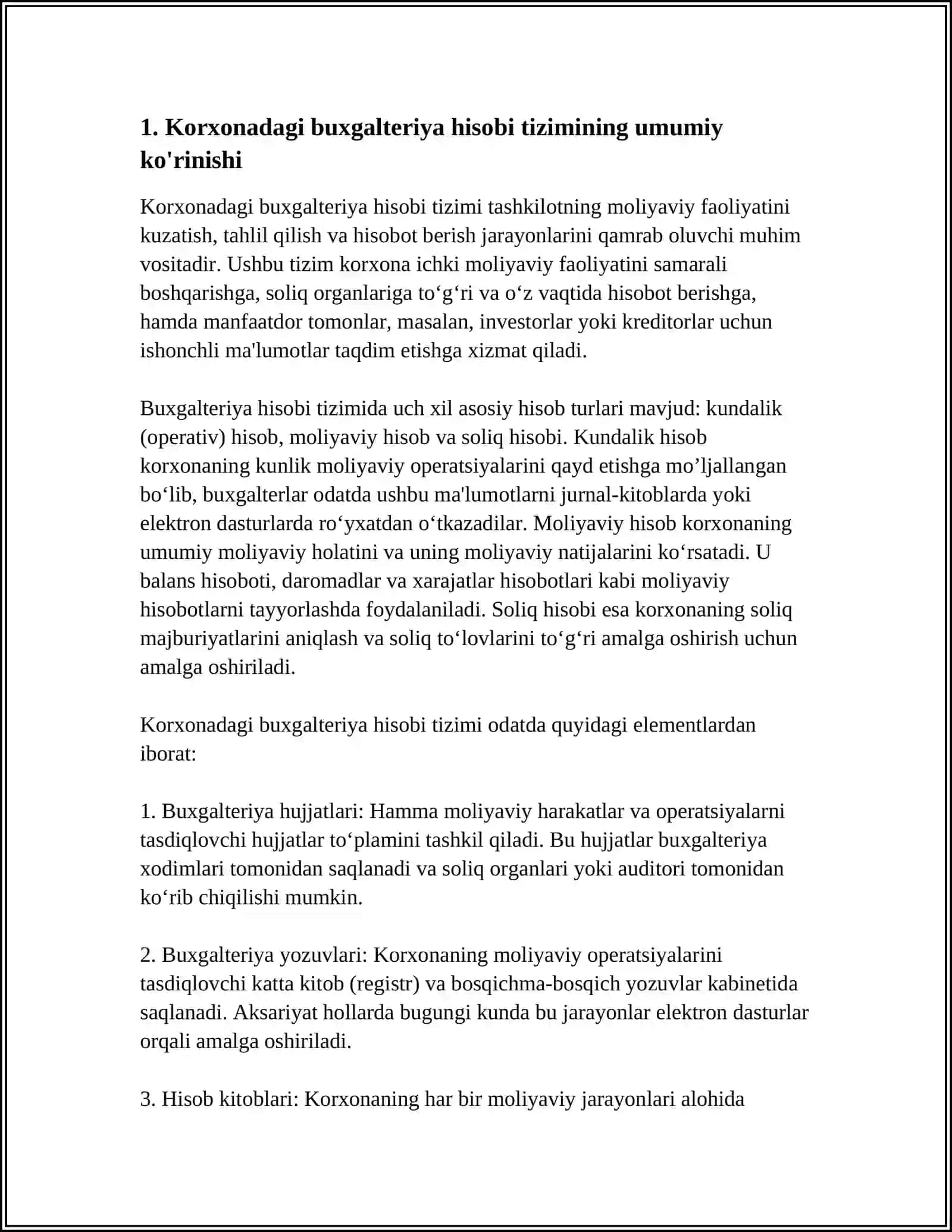 MUSTAQIL ISH Mavzu: KORXONADAGI BUXGALTERIYA HISOBI TIZIMINING TUZILISHINI TEKSHIRISH 3
