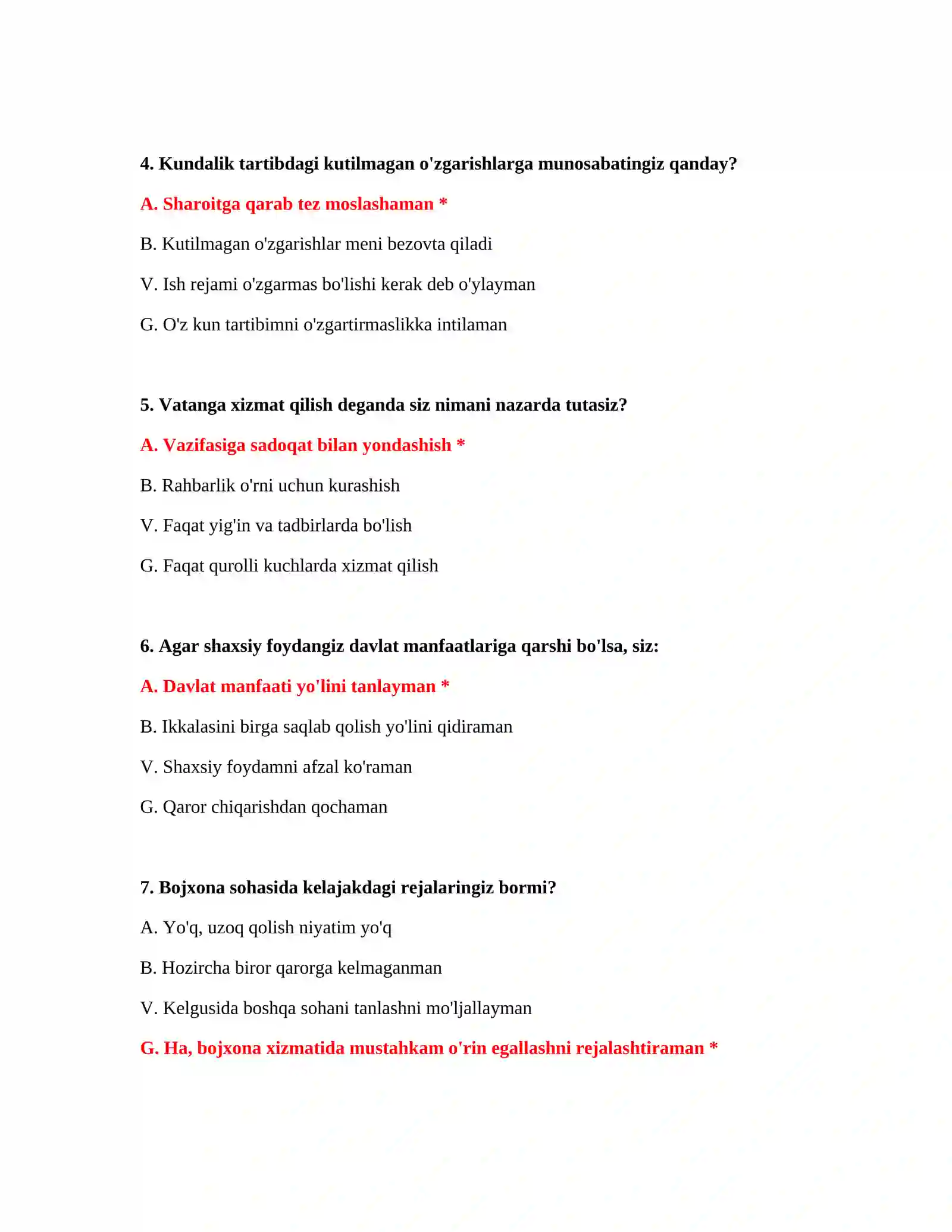 Bojxona psixologik testi namunasi 3