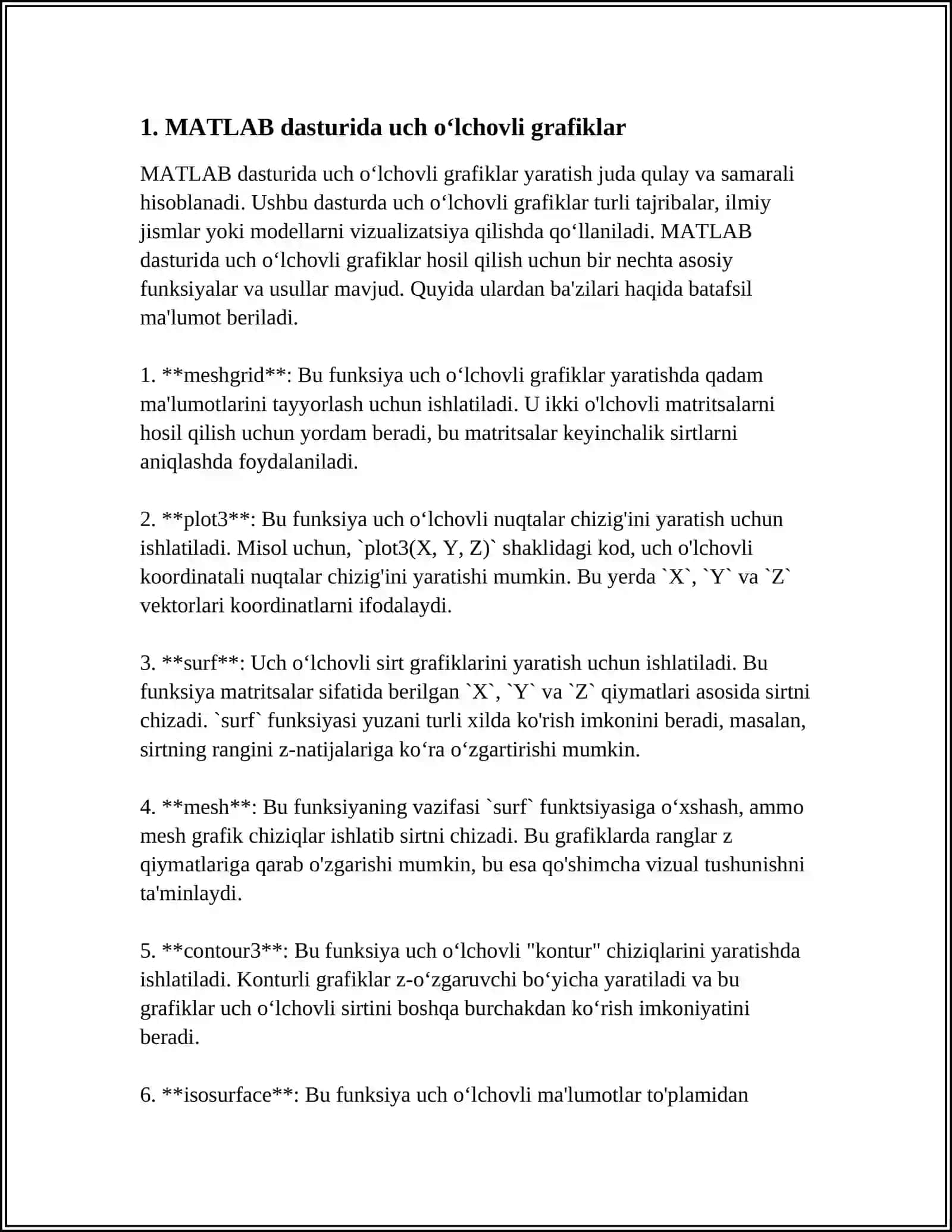 MATLAB QURILISH MASALALARIGA DOIR UCH OʻLCHOVLI GRAFIGLAR TUZISH 3