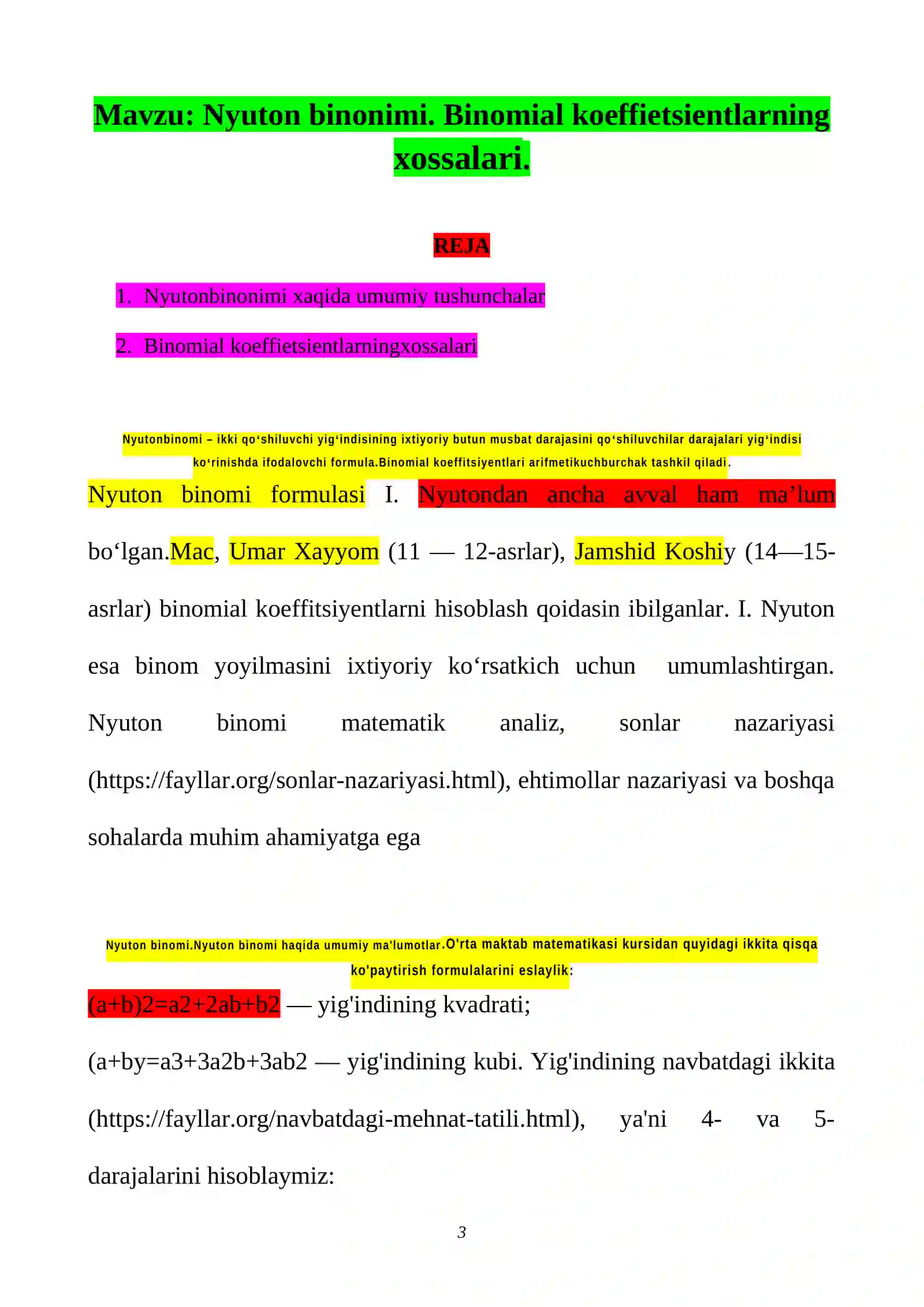 Nyuton binonimi. Binomial koeffietsientlarning xossalari 3