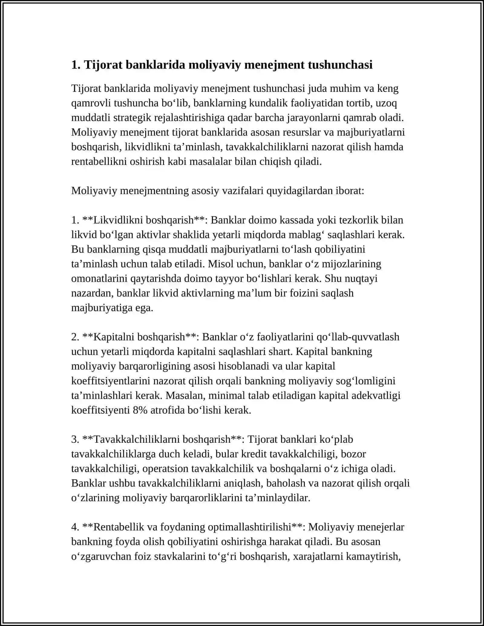 MUSTAQIL ISH Mavzu: TIJORAT BANKIDA MOLIYAVIY MENIJMENTNING MAZMUNI 3