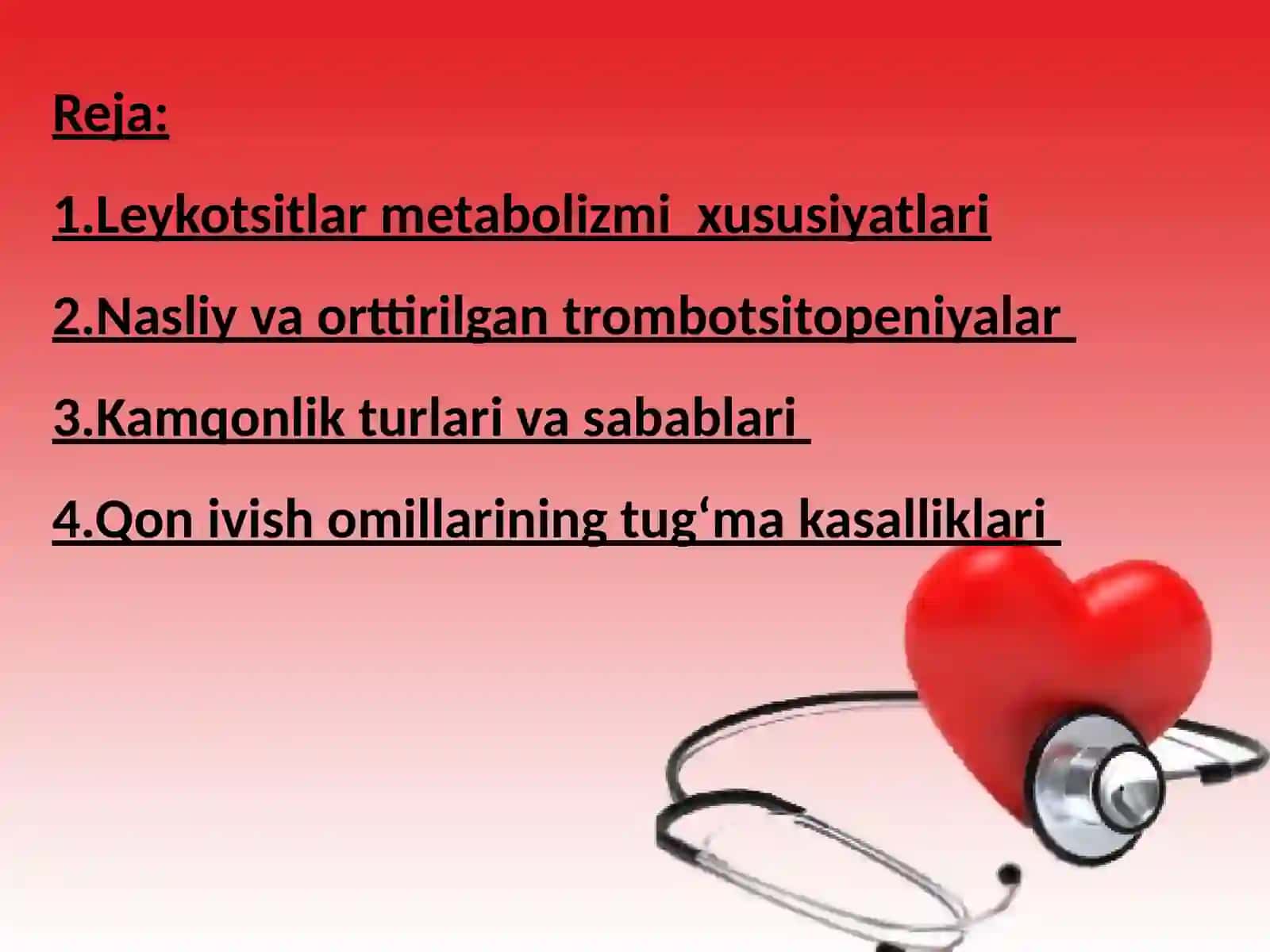 Leykotsitlar metabolizmi xususiyatlari. Nasliy va orttirilgan trombotsitopeniyalar. Kamqonlik turlari va sabablari 3