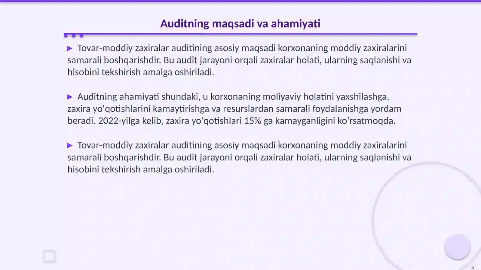Tovar- moddiy zaxiralar auditining maqsadi, vazifalari, ma'lumot manbalari va tekshiruv o'tkazish tartibi 3