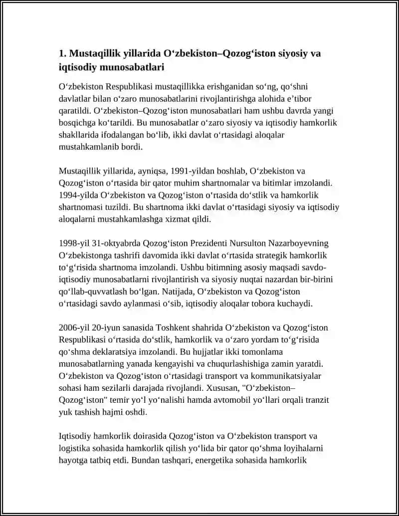 MUSTAQILLIK YILLARIDA OʻZBEKISTON QOʻSHNI DAVLATLAR BILAN IQTISODIY, SIYOSIY MUNOSABATLARI 3