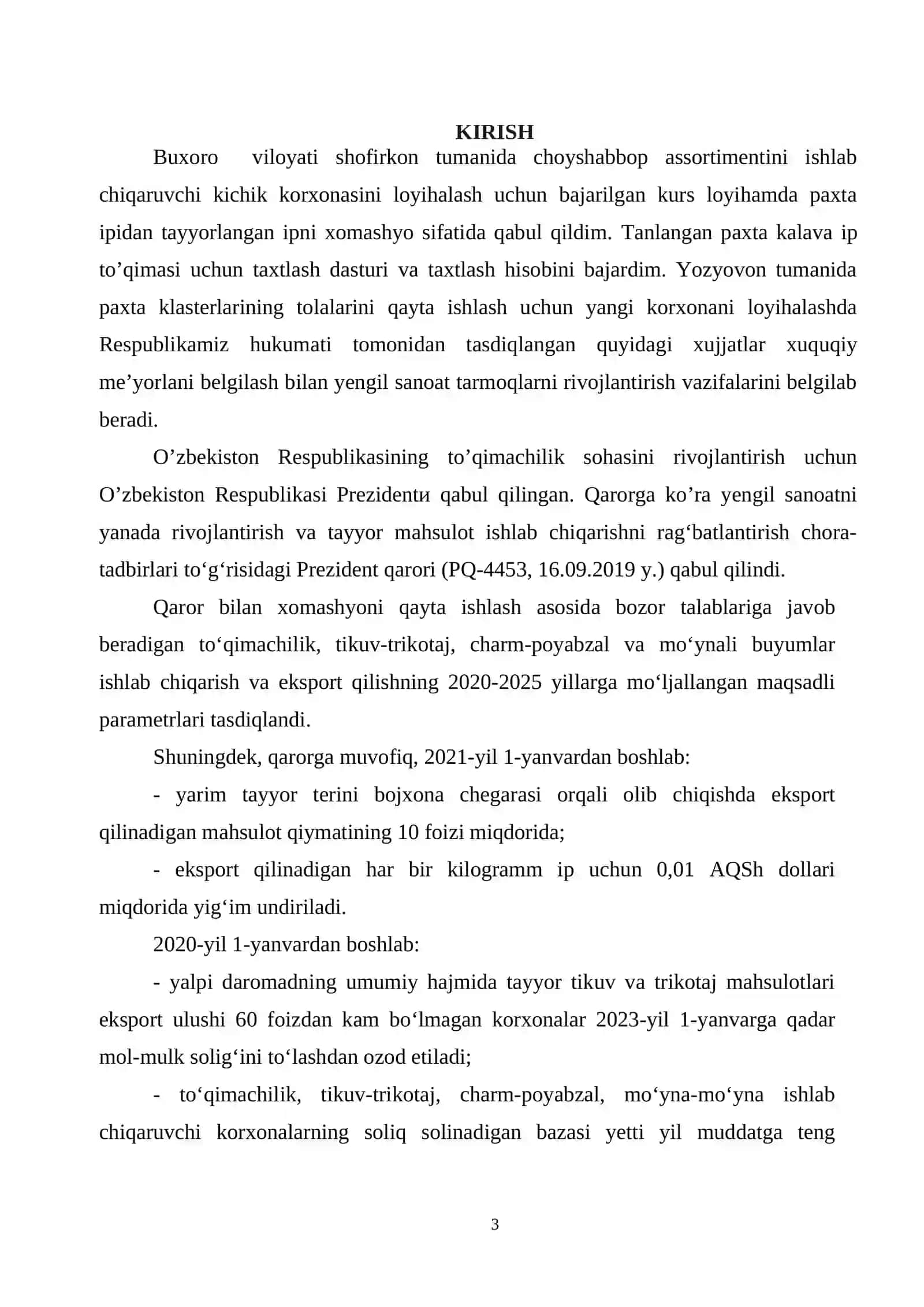 Buxoro viloyati Shofirkon tumanida choyshabbob assortimentdagi to’qima ishlab chiqarish korxonasini loyihalash 3