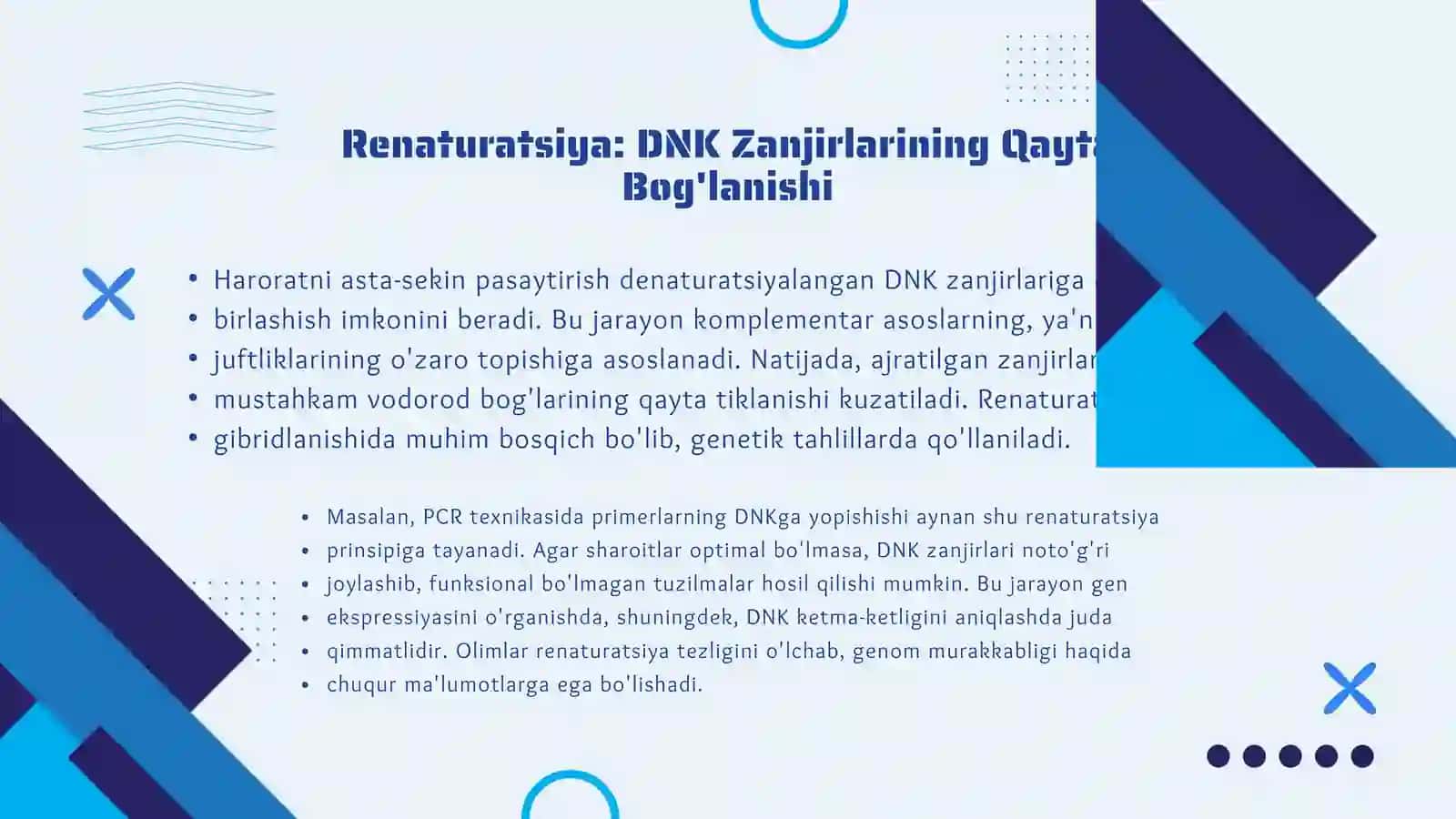 Nuklein kislotalarning denaturatsiyasi va renaturatsiyasi. DNK-DNK, DNK-RNK gibridlanishi. DNK sintezi jarayoni 3