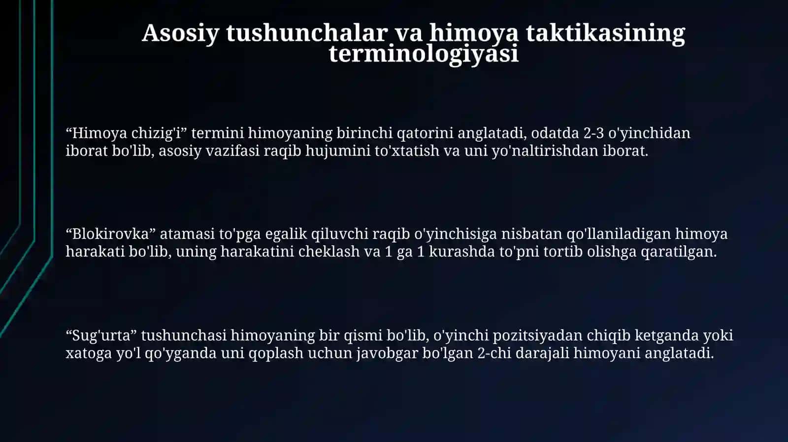Himoyada jamoa o'yin taktikasini o'rgatish usullari uslublar kompleksini tayyorlash 3