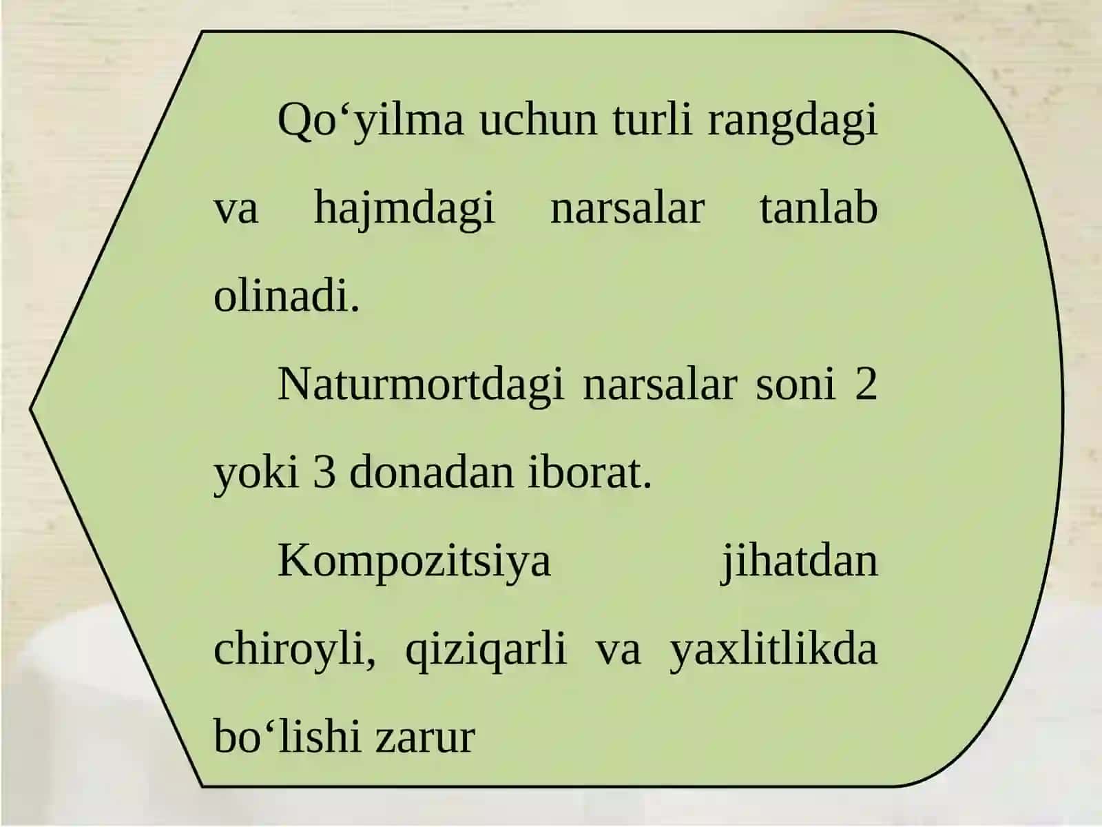 Rang-tuslari jihatidan qarama-qarshi (kontrast) buyumlar dan tashkil topgan naturmort nigrafi 3