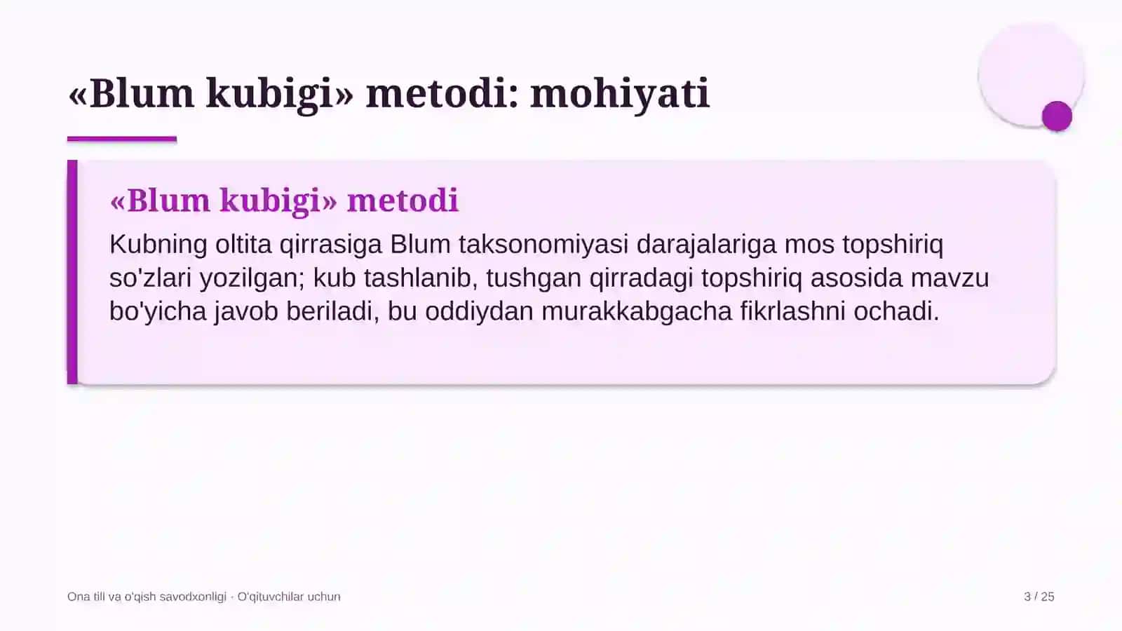 ona tili va o'qish savodxonligi darslarida blum kubigi metodidan foydalanish 7615 3