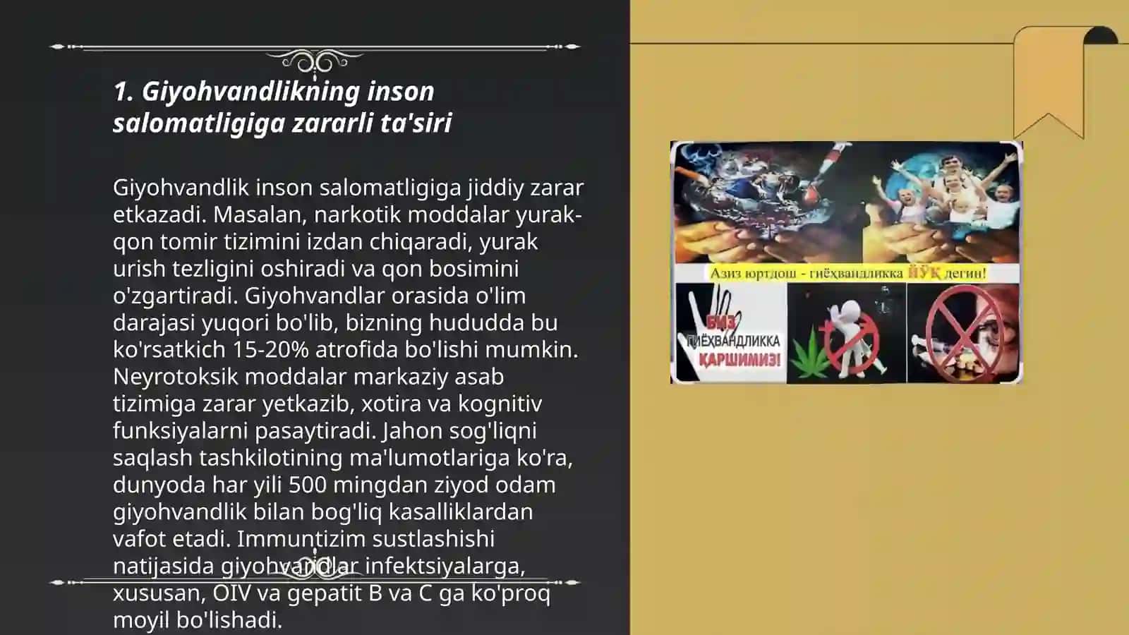 Giyohvandlik va tamaki mahsulotlarini chekishning oqibatlari hamda ularga qarshi chora tadbirlar 3