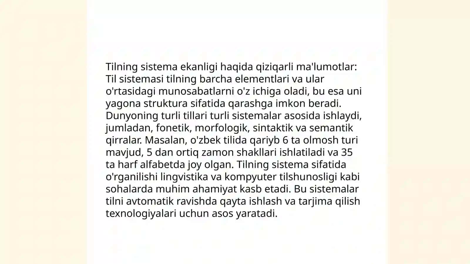 Tilning sistema ekanligi. Sistema va struktura. Til sistemasining ichki tuzilishi xususiyati. Fonetika va fonologiyaga oid g'oyalar. Rus va chet el fonologik maktablari. O'zbek(rus) tilshunsoligida fonetika va fonologiya 3