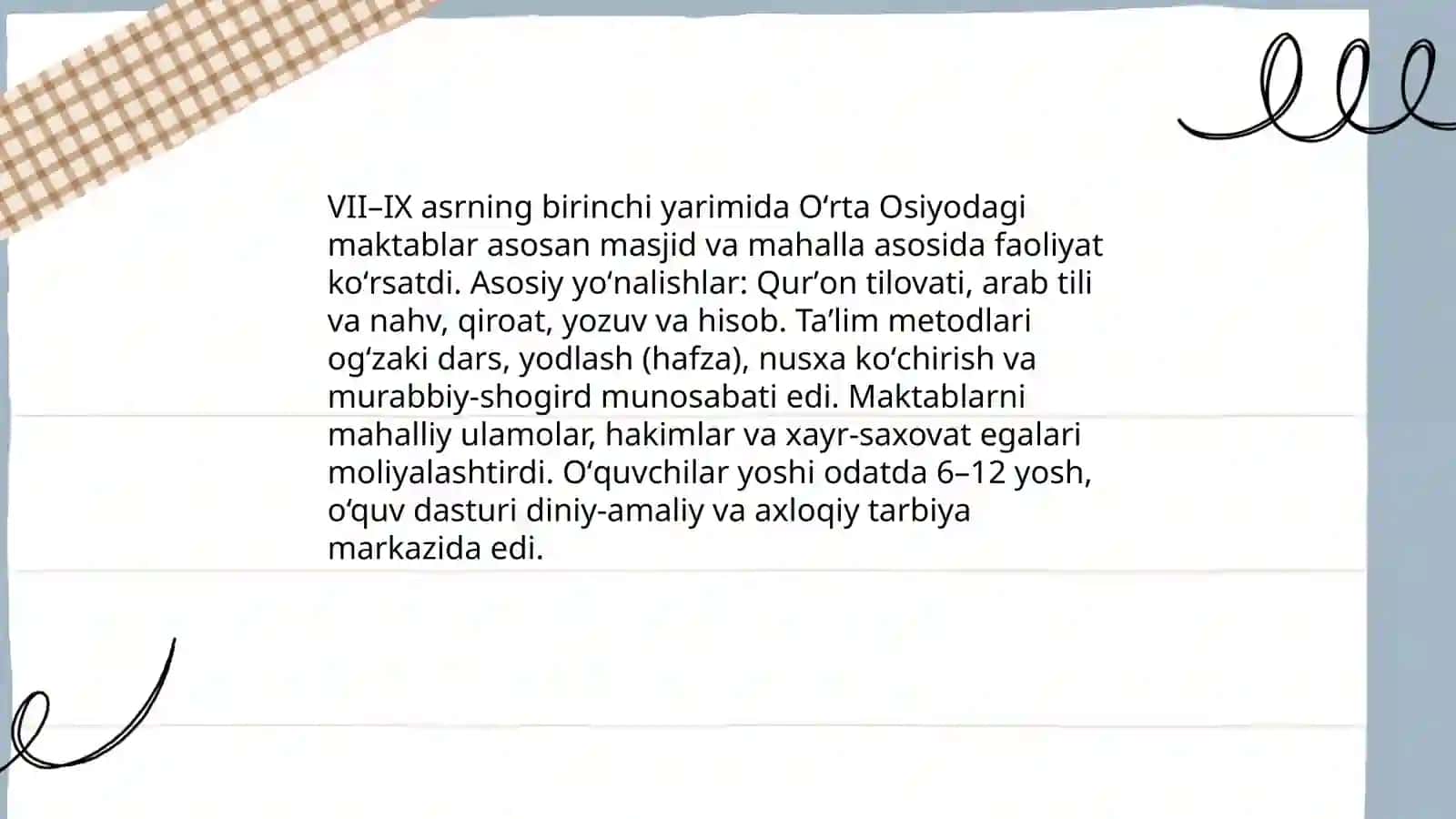 Vll asrdan lX asrning birinchi yarimgacha Oʻrta Osiyodagi maktablardan tarbiya va pedagogik fikrlar 3