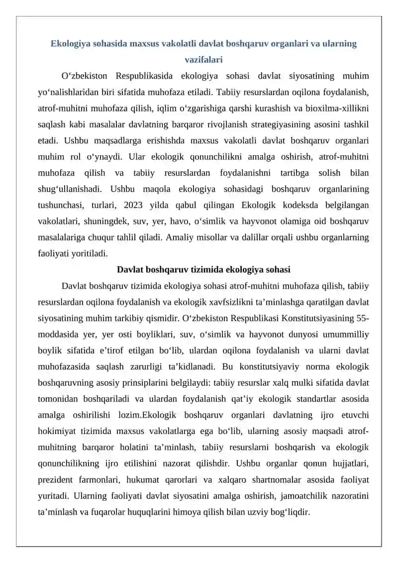 Ekologiya soxasida maxsus vakolatli davlat boshqaruv organlari va ularning vazifalari 3