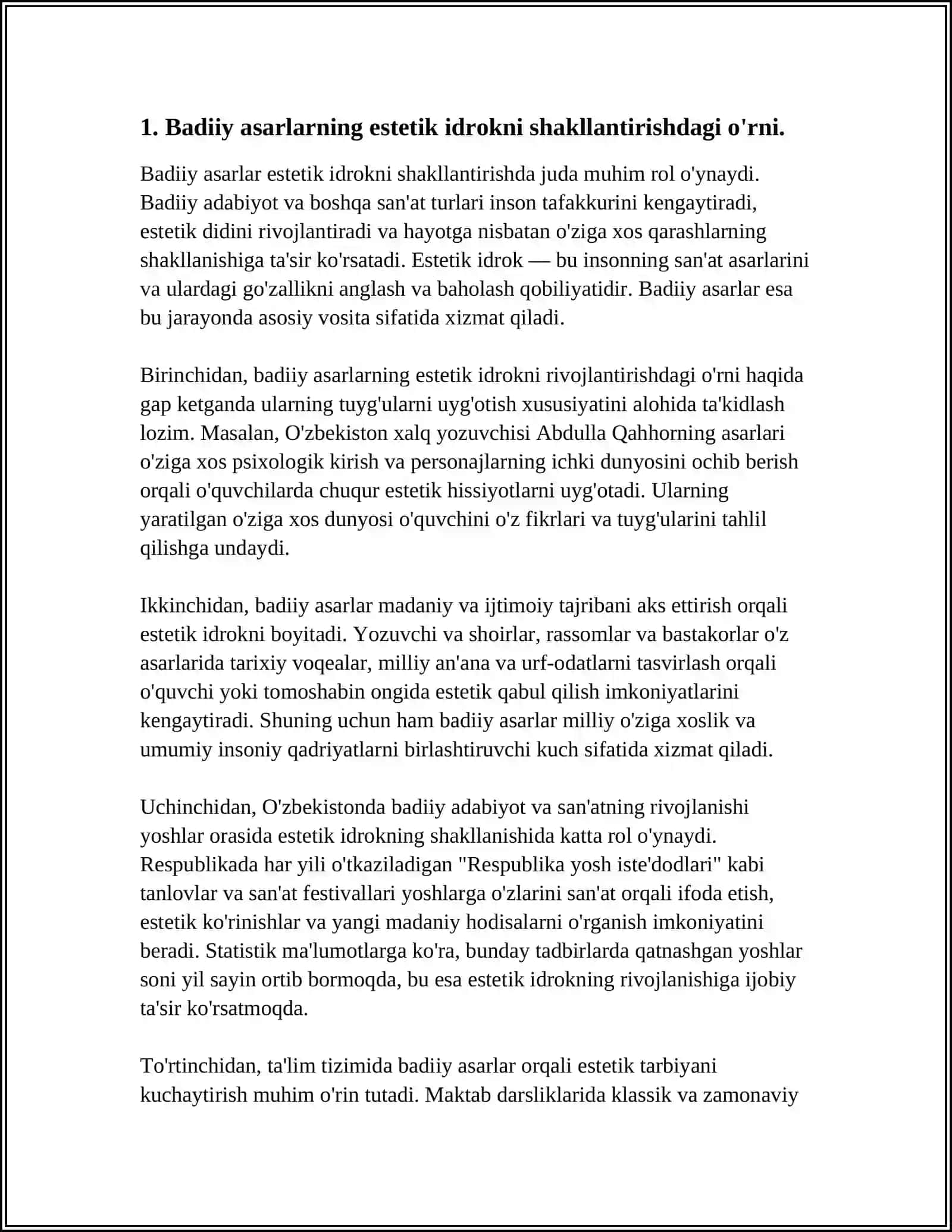 "DUNYONI ESTETIK IDROK ETISHDA BADIIY ASARLARNING AHAMIYATI" MAVZUSIDA ESSE 3