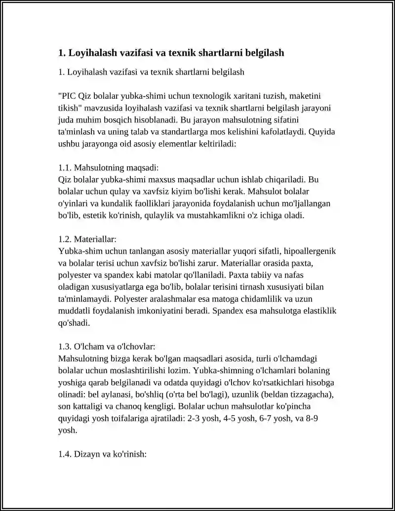PIC QIZ BOLALAR YUBKA – SHIMI UCHUN TEXNOLOGIK XARITASINI TUZISH, MAKETINI TIKISH 3
