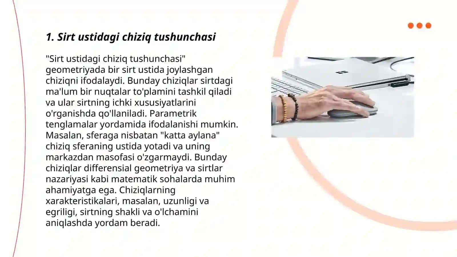 Sirt ustidagi chiziqning yoyuzunligini topishga misollar Kamolova Sevinch 3