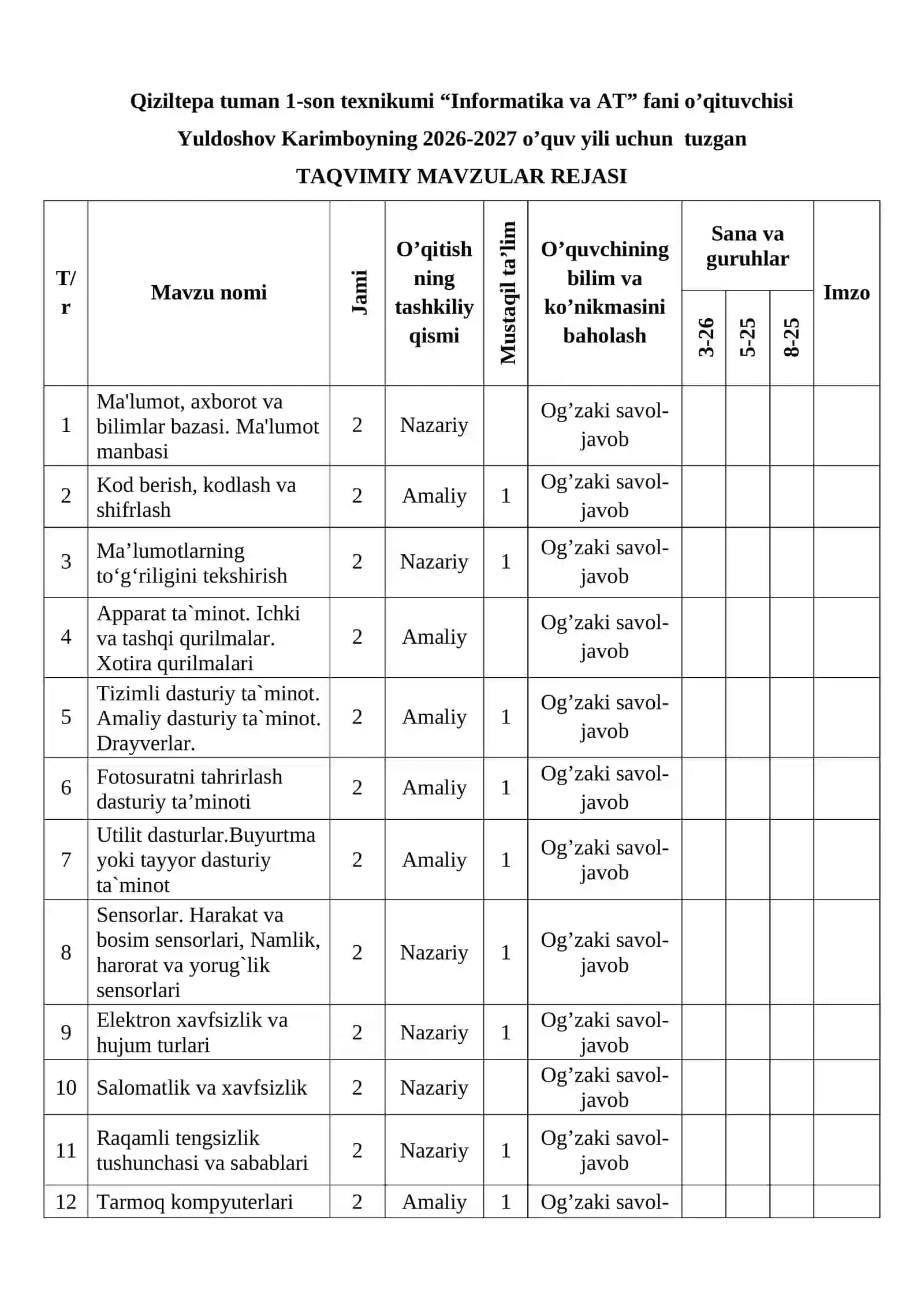Informatika taqvim (Texnikumlar uchun) 3