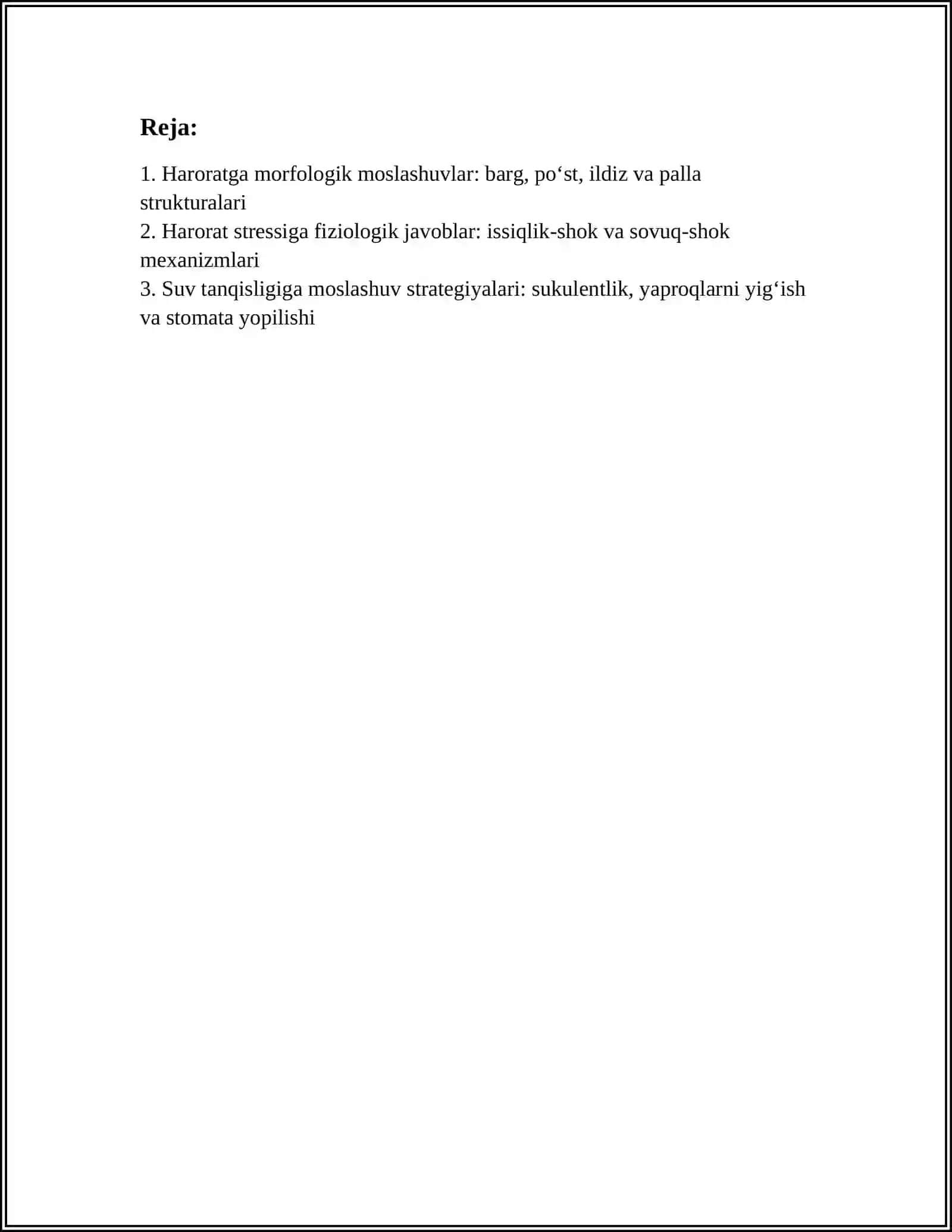 O'SIMLIKLARNING HARORATGA VA SUV OMILIGA MOSLASHUVI.ENDAFIK OMILLAR.FITOINDIKATSIYA 3