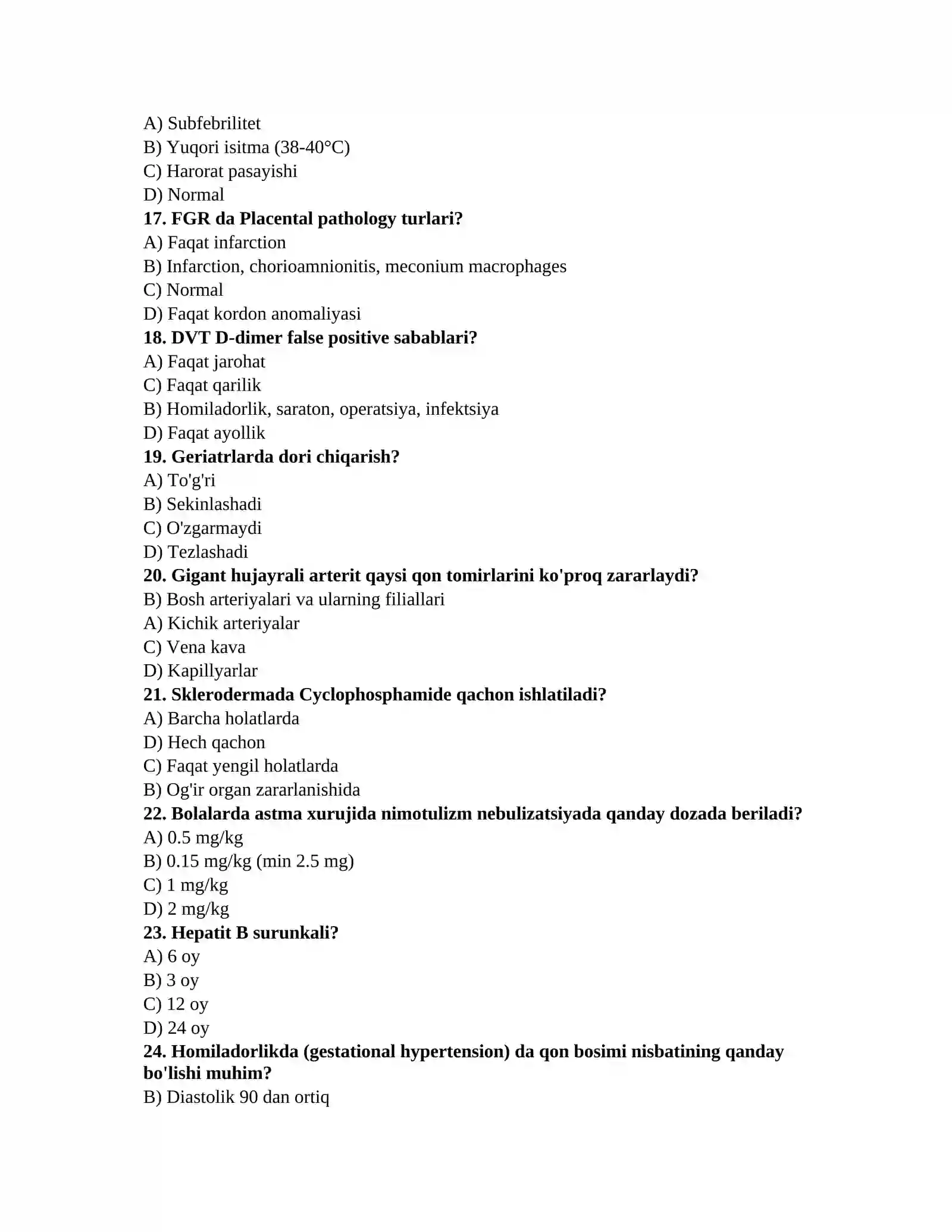 Tibbiyot bo'yicha testlar 3