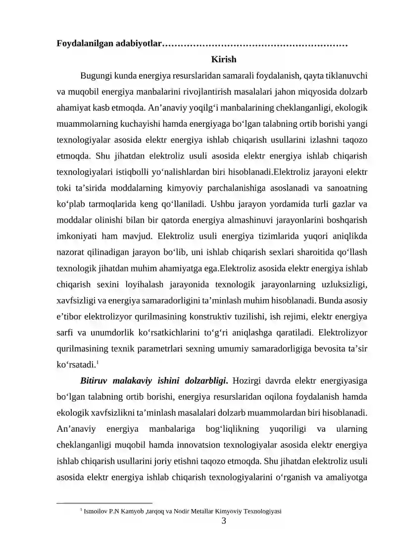 Eloktroliz usuli asosida elektr energiya ishlab chiqarish sexining loyihasi va elektrolizyor qurulmasi hisobi 3