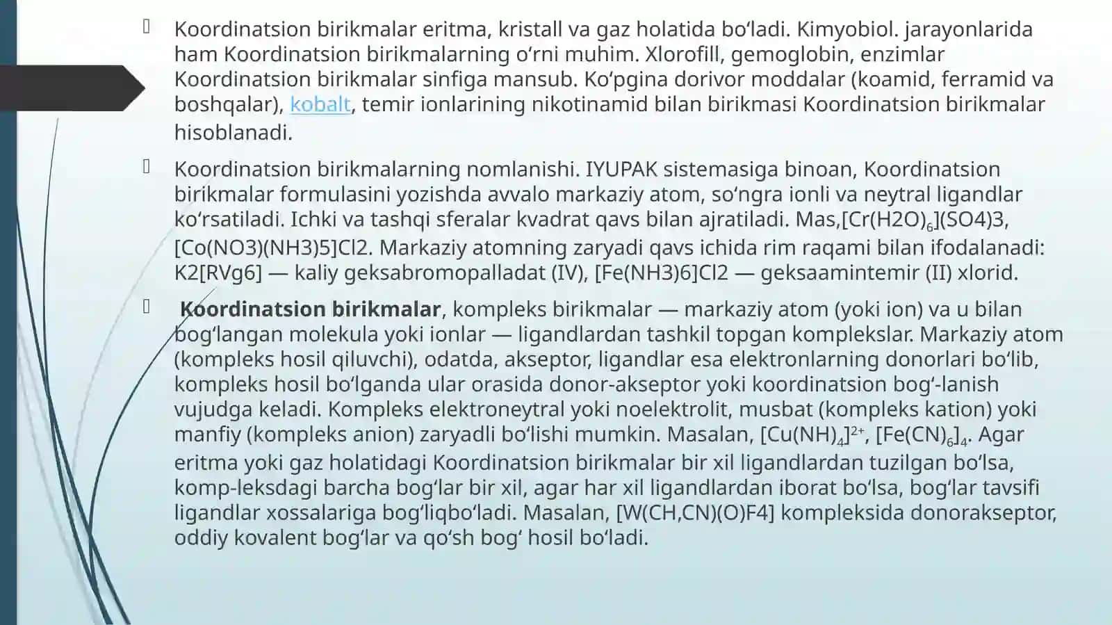KOORDINATSION BIRIKMALARNI KISLOTA-ASOSLIK XOSSALARI VA ULARNING OKSIDLANISH QAYTARILISH REAKSIYALARI 3