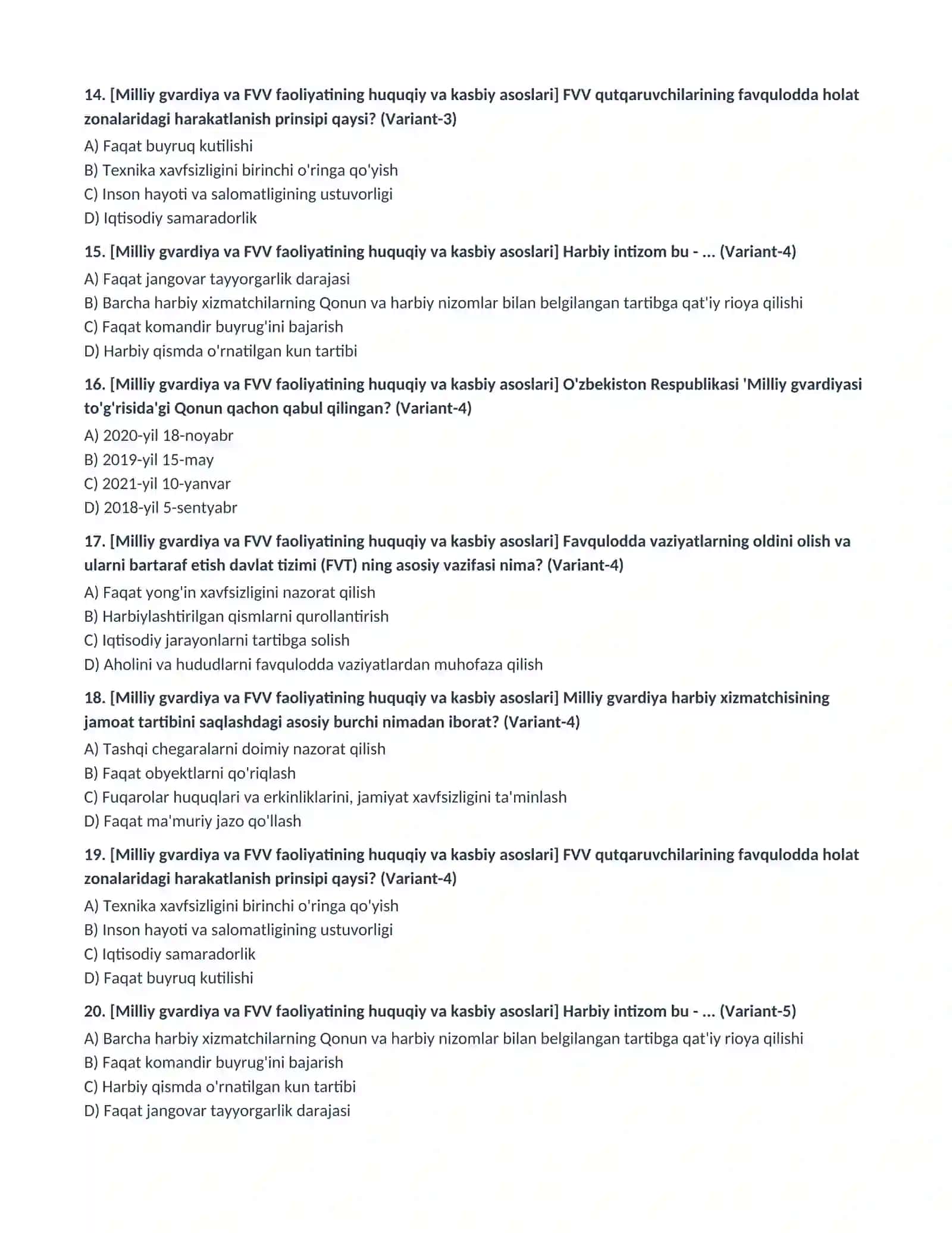 MILLIY GVARDIYA VA FAVQULODDA VAZIYATLAR VAZIRLIGI (FVV) KASBIY VA PSIXOLOGIK TEST SAVOLLARI TO'PLAMI 3