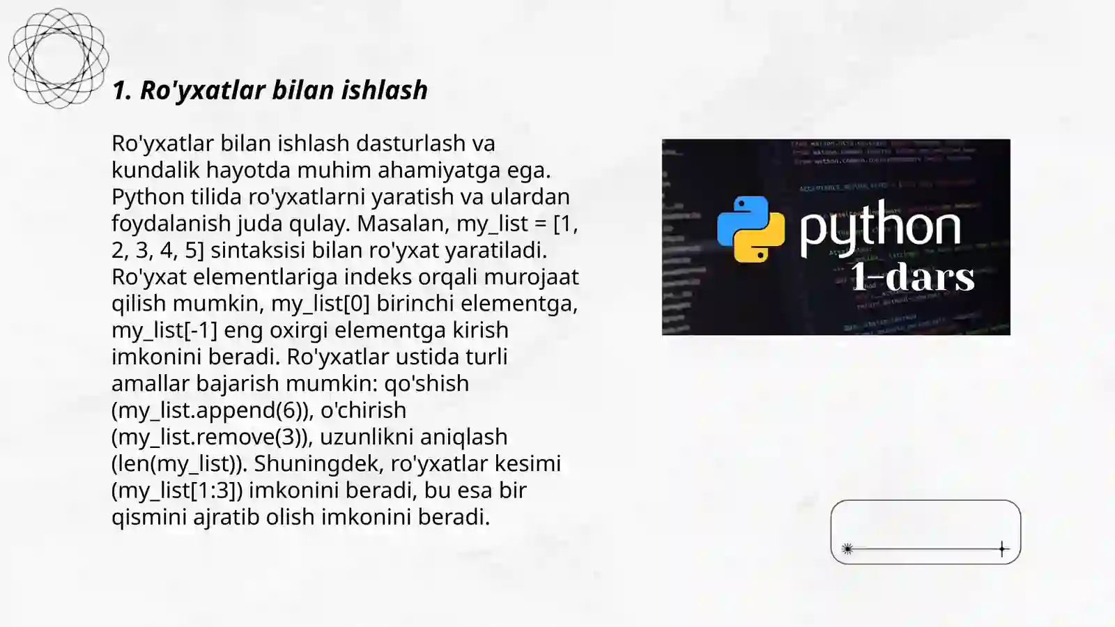 Python dasturlash tilida ro‘yxatlar va ularning metodlari 3