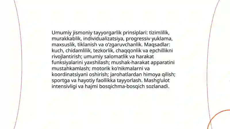 Umumiy jismoniy tayyorgarlik. Jismoniy sifatlarni rivojlantirish. Kuch,chidamlilik,tezkorlik,chaqqonlik,epchillik sifatlari boʻyicha 3