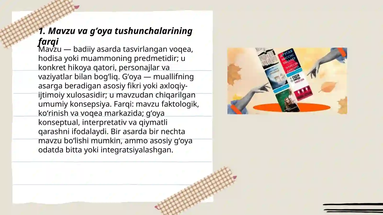 Badiiy asarda mavzu va gʻoyaga xos xususiyatlar 3