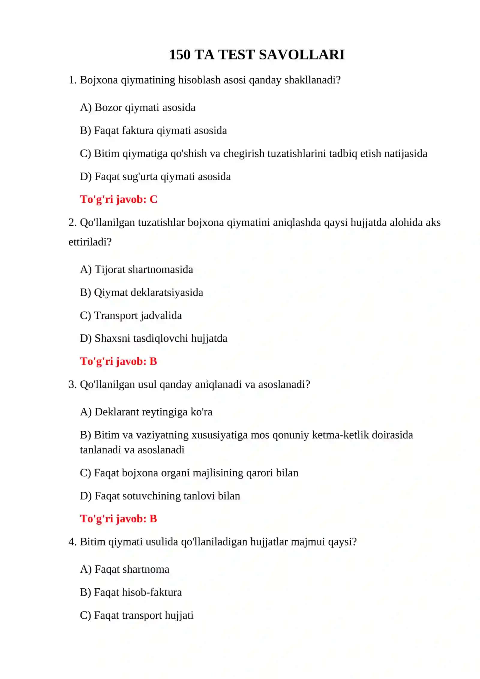 BOJXONA QIYMATINI ANIQLASH TESTLARI 3