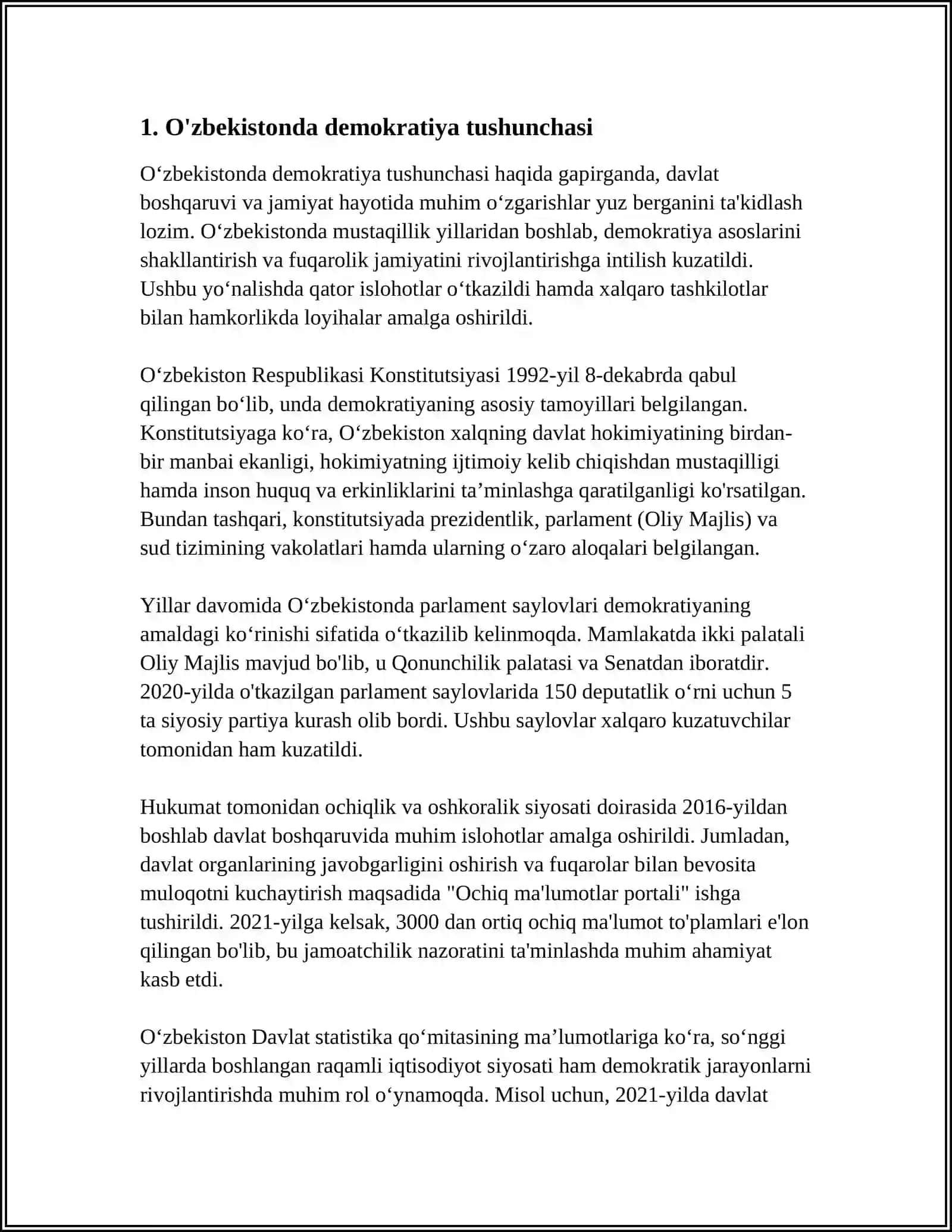 MUSTAQIL ISH Mavzu: O`ZBEKISTONDA DEMOKRATIK, FUQAROLIK JAMIYATI ASOSLARINING SHAKKILLANISHI, AMALGA OSHIRILGAN SIYOSIY JARAYONLAR 3