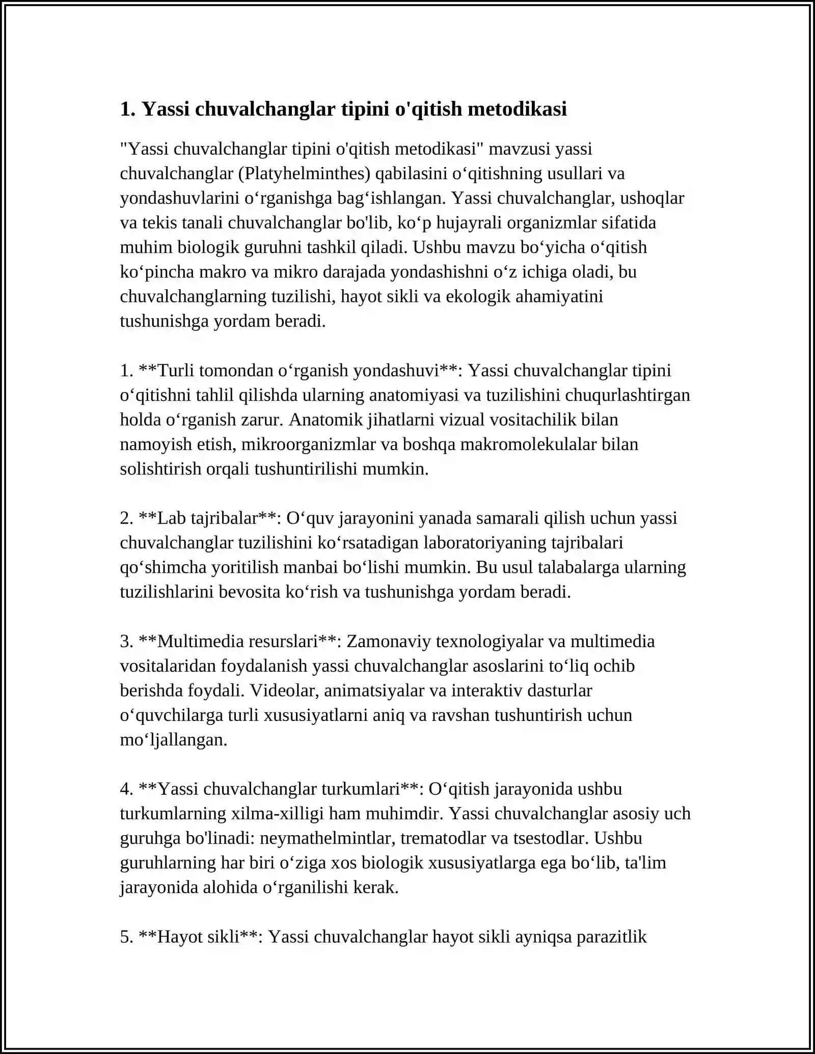 TABIATSHUNOSLIK FANIDA ZOOLOGIYA OQITISH METODIKASI XUSUSIY MASALALARI: JUMLADAN, YASSI, YUMALOQ, HALQALI CHUVALCHANGLAR TIPINI ORGANISH METODIKASI 3