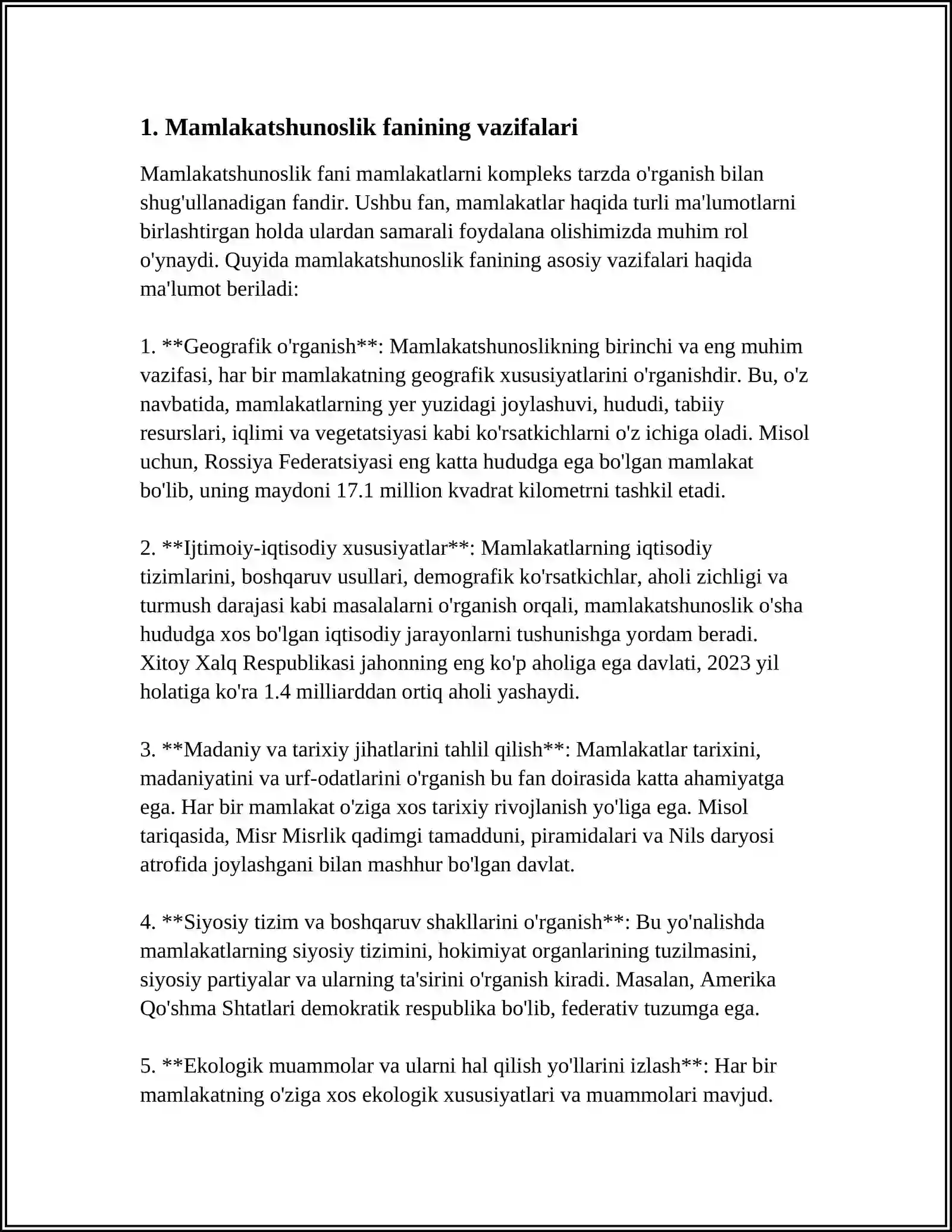 MAMLAKATSHUNOSLIK FANINING VAZIFASI MAQSADI VA O'RGANISH OBYEKTINI O'RGANISH.DUNYONING SIYOSIY KARTASINI TAHLIL QILISH 3