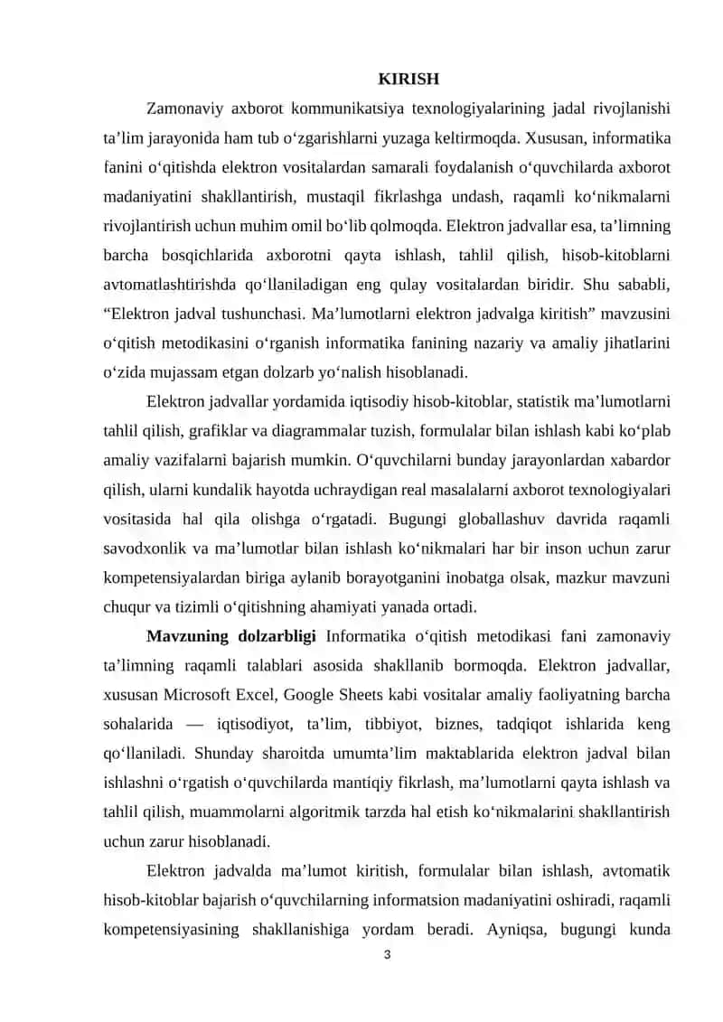 “Elektron jadval tushunchasi. Maʼlumotlarni elektron jadvalga kiritish” mavzusini oʻqitish metodikasi 3