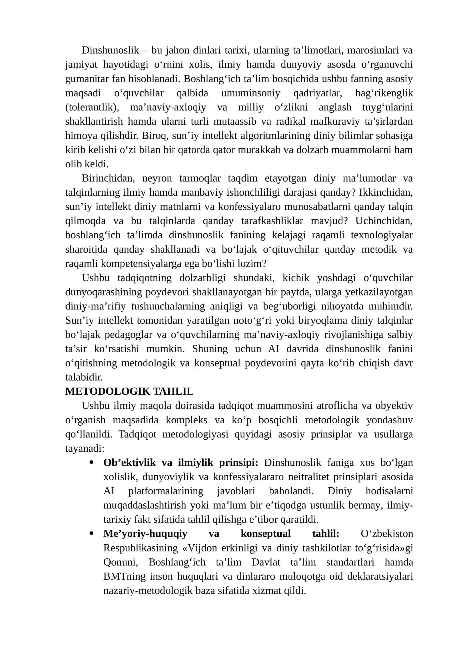 SUN’IY INTELLEKT DAVRIDA DINSHUNOSLIK: DINIY BILIMLARNING ISHONCHLILIGI, AI TALQINLARI VA DINIY TA’LIMNING KELAJAGI 3
