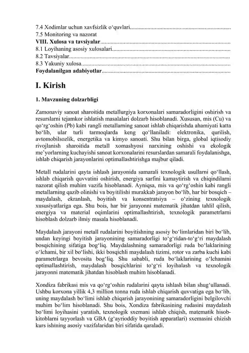 Xondiza fabrikasi Cu-Pb rudasini boyitish fabrikasining maydalash bo'limi loyihasi 3