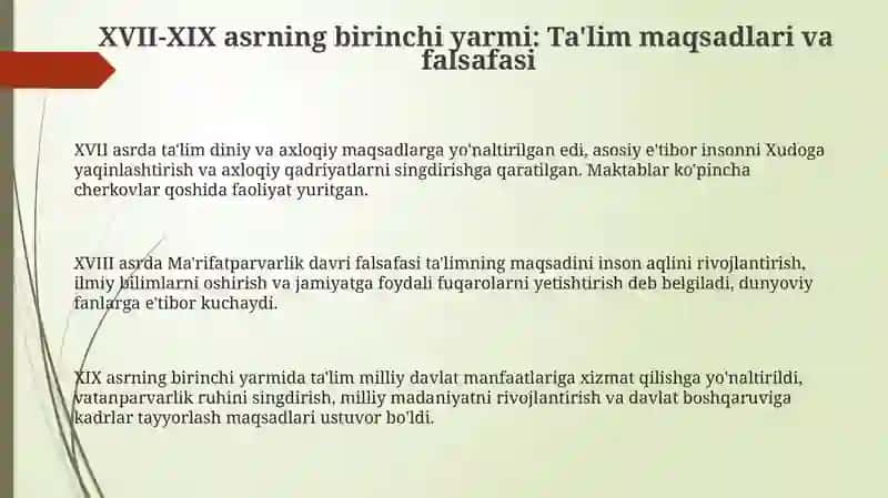 XVII-XIX ASRNING BIRINCHI YARMIDA TARBIYA MAKTAB VA PEDAGOGIK FIKRLAR 3