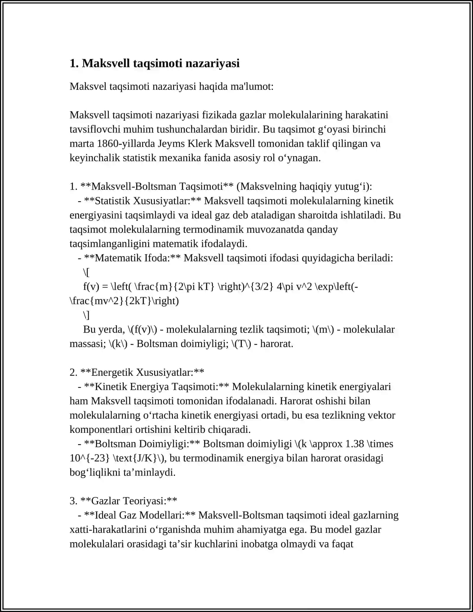 GAZ MOLEKULALARINING ISSIQLIK HARAKATI TEZLIGI VA ENERGIYASI BO’YICHA MAKSVELL TAQSIMOTI 3
