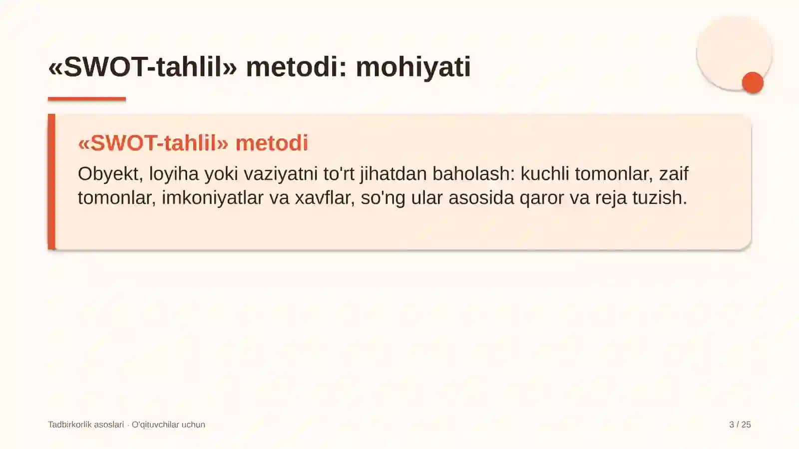 tadbirkorlik asoslari darslarida swot tahlil metodidan foydalanish 9641 3