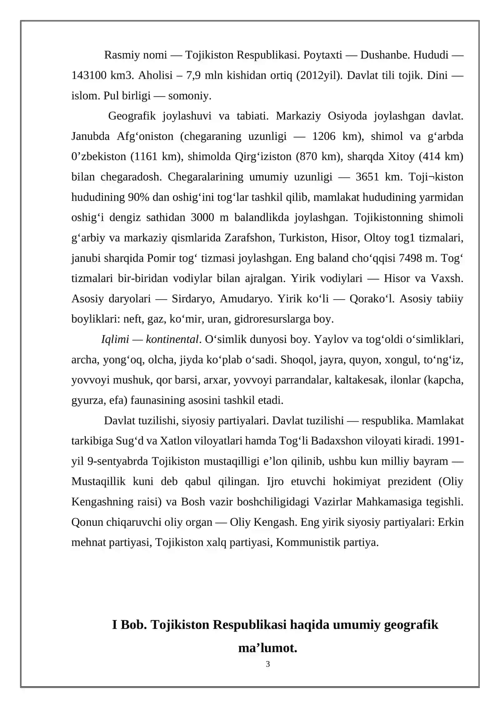 TOJIKISTON RESPUBLIKASINING GEOGRAFIK O‘RNI, TABIIY SHAROITI VA TABIIY RESURSLARI 3