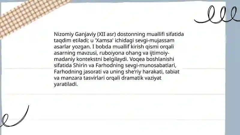 "Farhod va Shirin" dostonining boblar bo‘yicha tavsifi 3