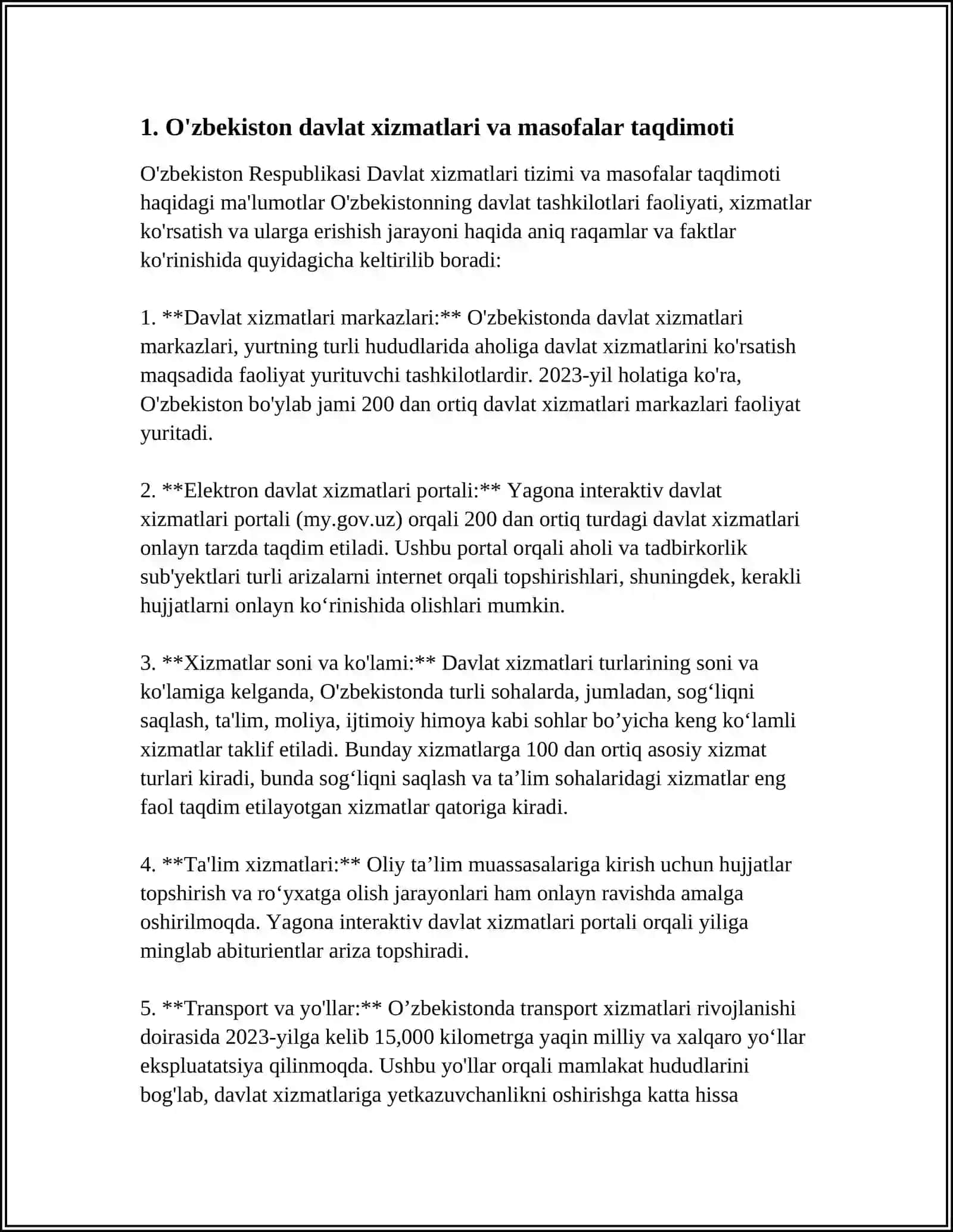 O'ZBEKISTON RESPUBLIKASI DAVLAT XIZMATI BILAN BOG'LIQ MASOFALAR TAHLILI 3