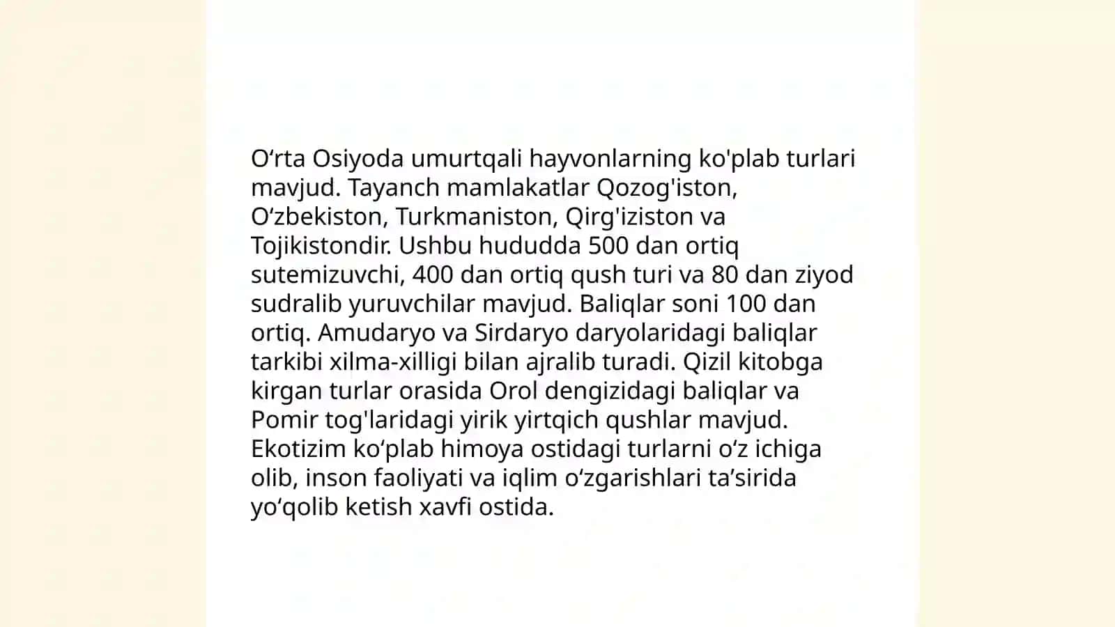 Oʻrta Osiyo tekisliklari va suv havzalari va toʻgʻli hududlarida yashovchi umurtqali hayvonlar 3