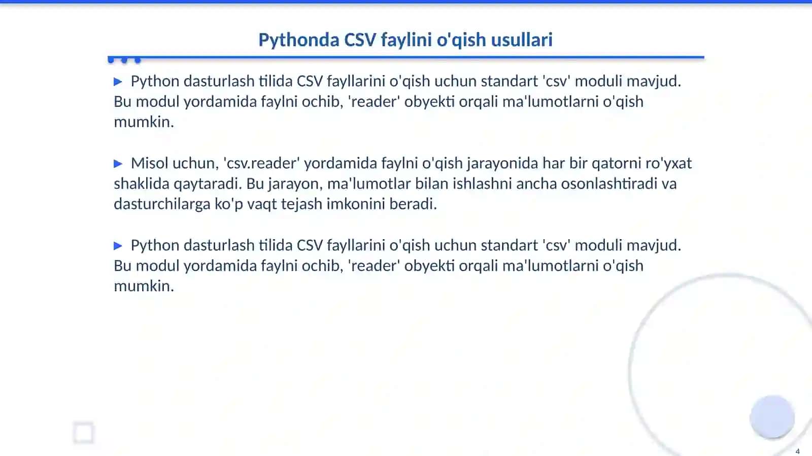 Pythonda CSV fayllari bilan ishlash 4