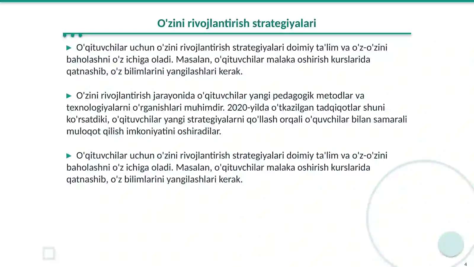 O'qituvchining kasbiy o'zini anglash va o'zini rivojlantirish strategiyalari 4