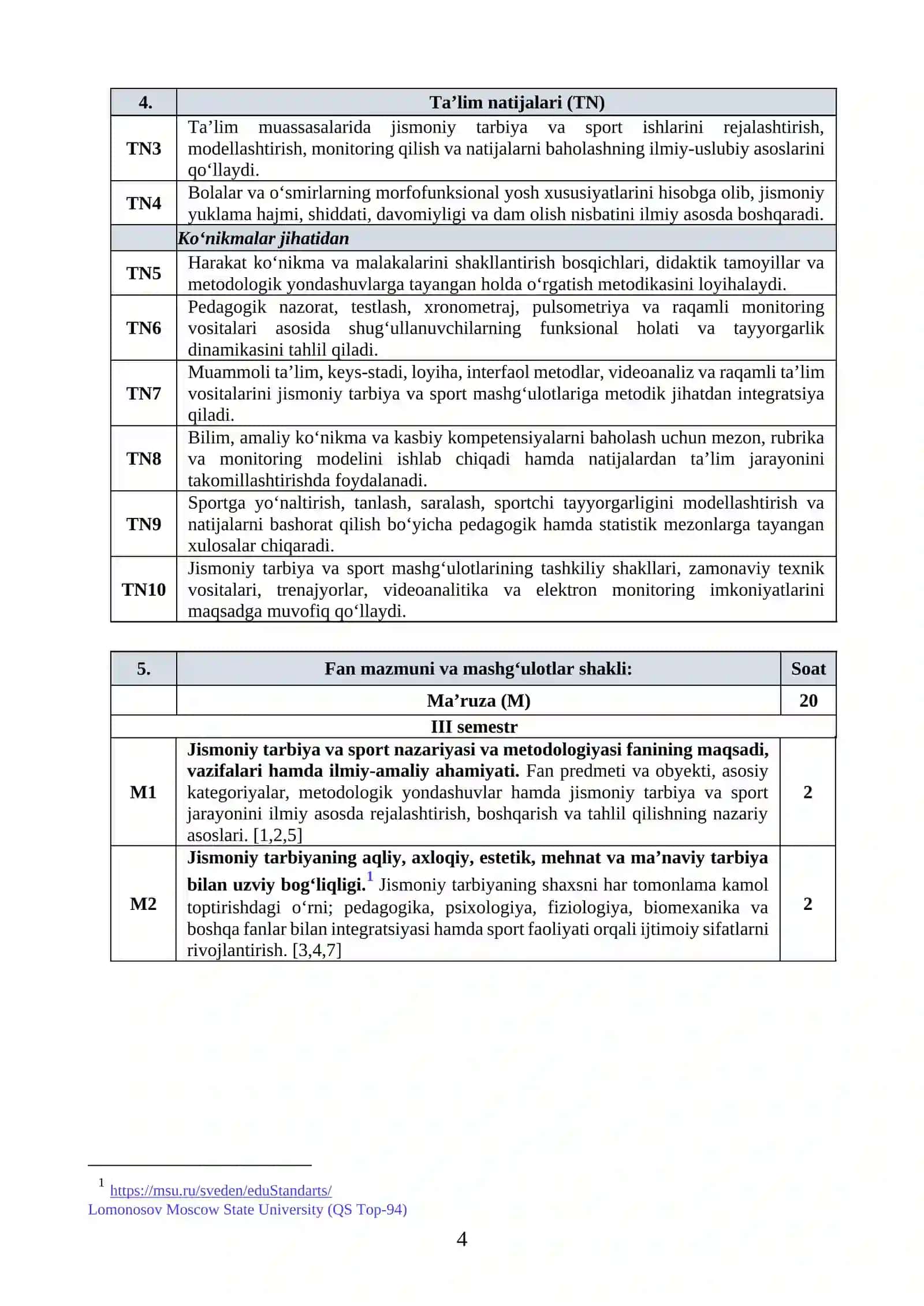 JISMONIY TARBIYA VA SPORT NAZARIYASI VA METODOLOGIYASI o'quv dasturi 2026-2027 4